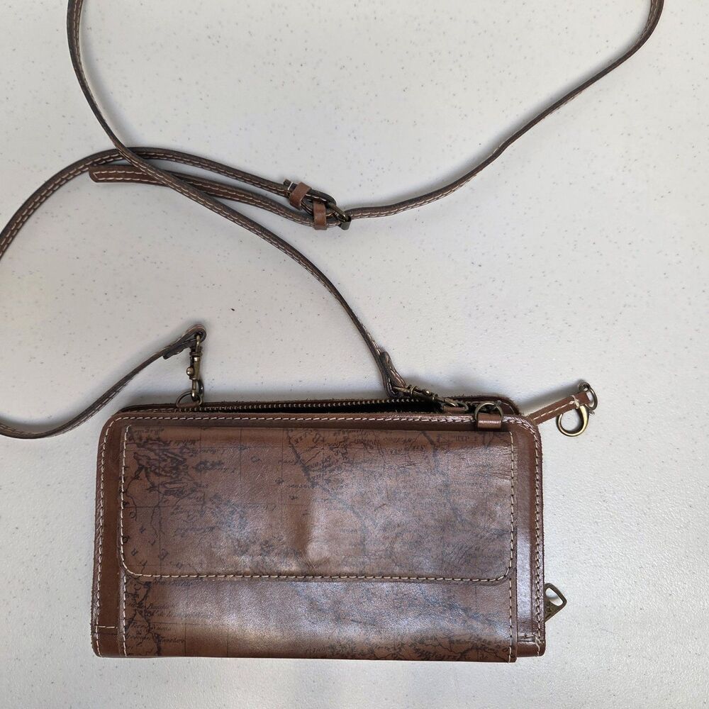Patricia Nash Crossbody Wallet Map Genuine Leather Brown Pollino Zip Around